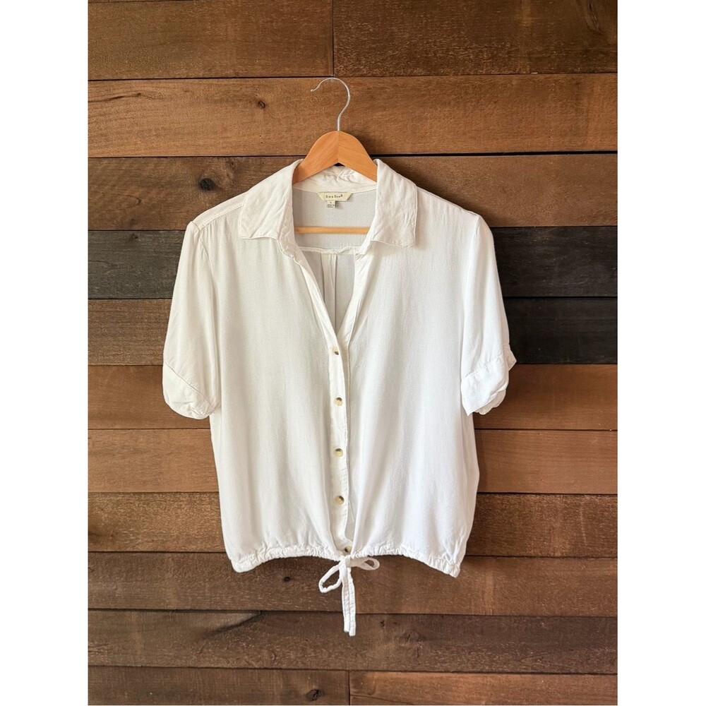 White Rayon Tie Hem Button Front Blouse Minimalist Cottagecore Top